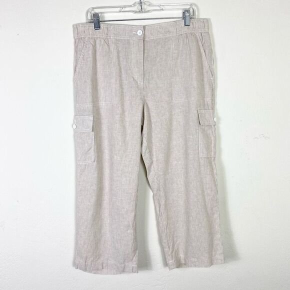 Talbots Pants - Talbots Tan & White Striped Linen Blend Cropped Ankle Cargo Pants Size 12